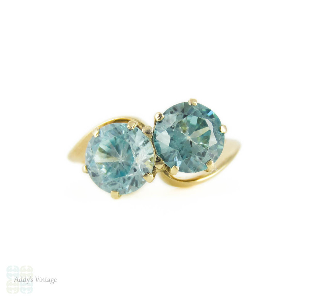 Blue Zircon Toi et Moi Ring, Art Deco 14k Yellow Gold Crossover Design Ring.