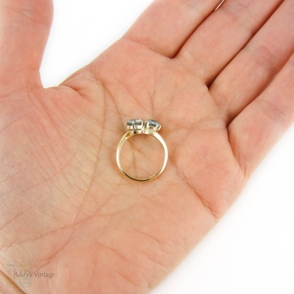 Blue Zircon Toi et Moi Ring, Art Deco 14k Yellow Gold Crossover Design Ring.