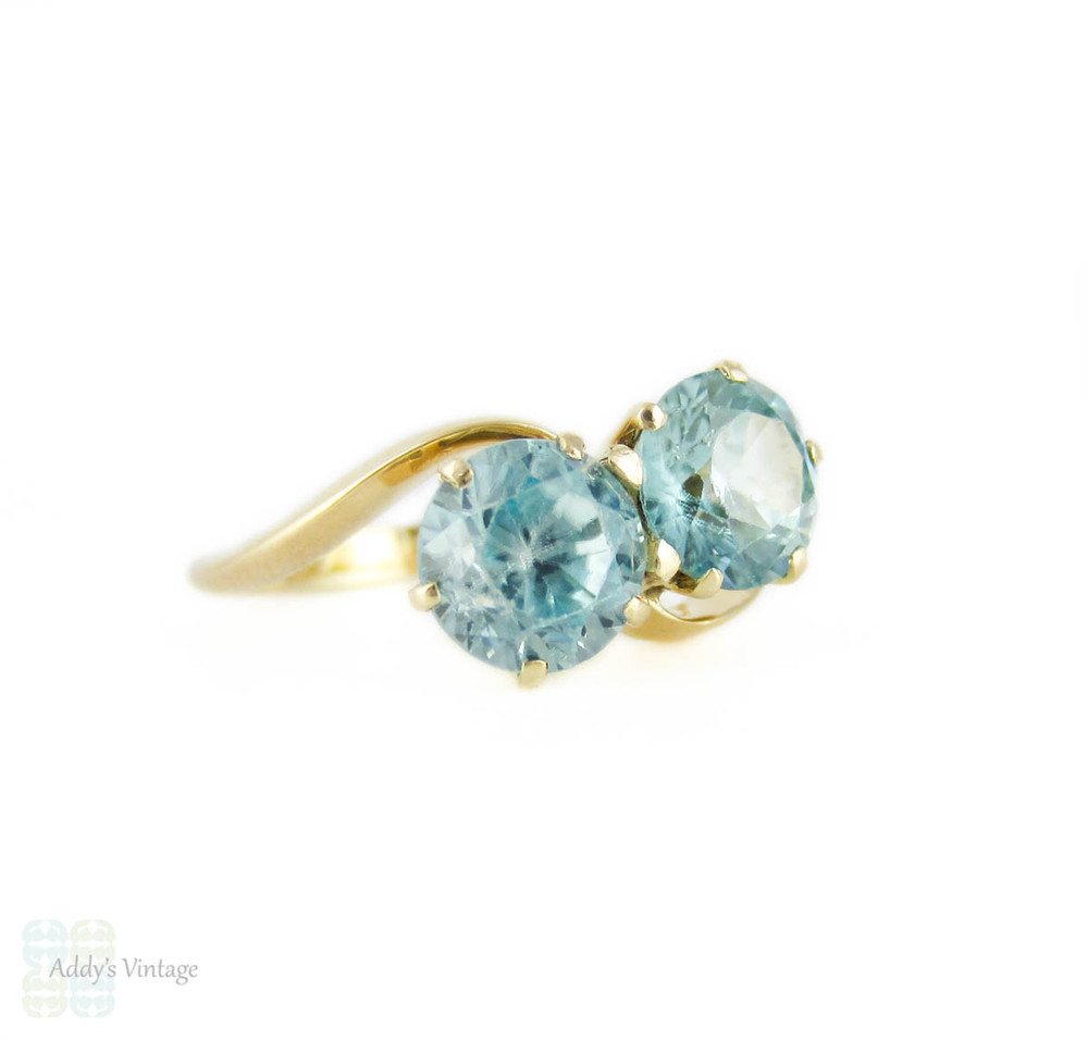 Blue Zircon Toi et Moi Ring, Art Deco 14k Yellow Gold Crossover Design Ring.