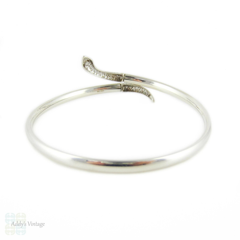 Vintage Silver Snake Bracelet with Garnet Eyes. Sterling Coiled Serpent Bangle. Mid 20th Century.