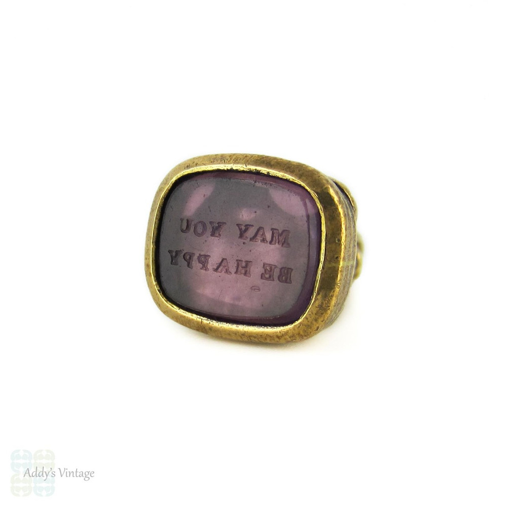 RESREVED. Antique Gilt Seal, Amethyst Glass. 1800s Musical Lyre Fob Engraved May You Be Happy.