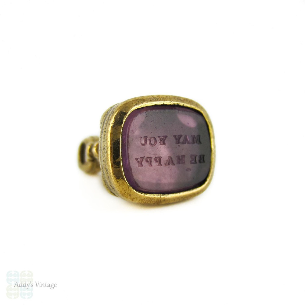 RESREVED. Antique Gilt Seal, Amethyst Glass. 1800s Musical Lyre Fob Engraved May You Be Happy.