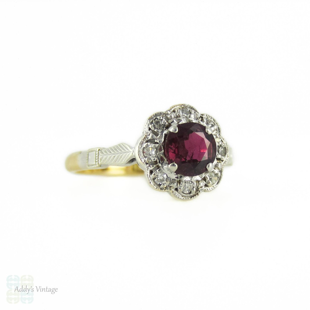 1940s Ruby & Diamond Engagement Ring, Daisy Flower Design Cluster with Engraved Setting. 18ct & Platinum.