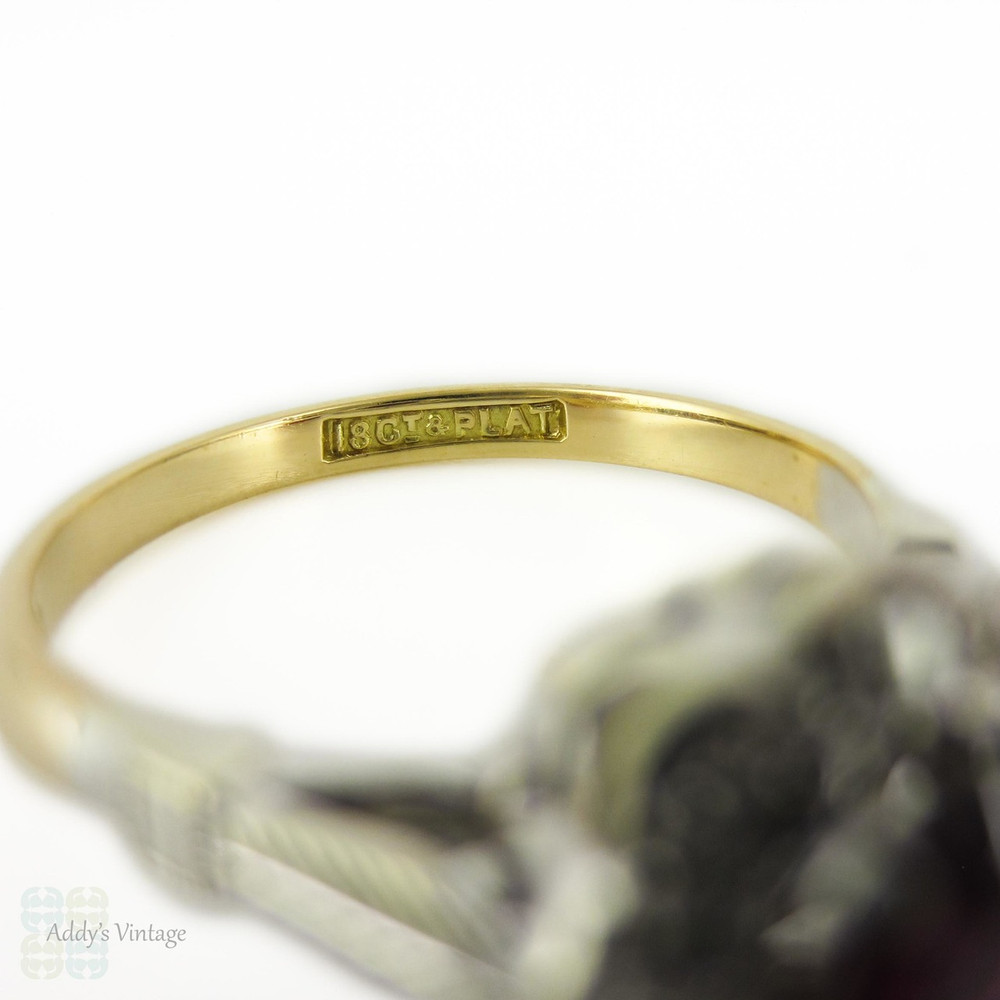 1940s Ruby & Diamond Engagement Ring, Daisy Flower Design Cluster with Engraved Setting. 18ct & Platinum.
