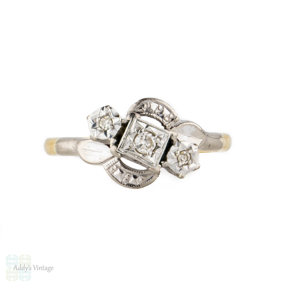 Art Deco Three Stone Diamond Engagement Ring, Crossover Style with Engraving. Circa 1930s, 18ct & Platinum.