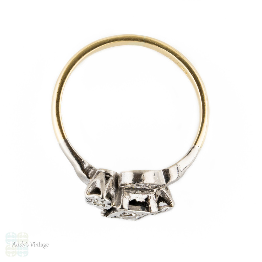 Art Deco Three Stone Diamond Engagement Ring, Crossover Style with Engraving. Circa 1930s, 18ct & Platinum.