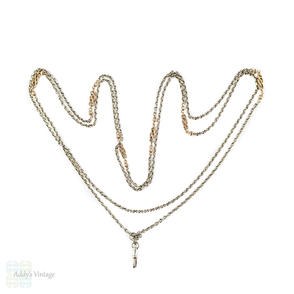 Antique French Silver & 9ct Rose Gold Chain, Edwardian Fancy Link Long Guard Necklace. Circa 1900, 142 cm / 56 inches.