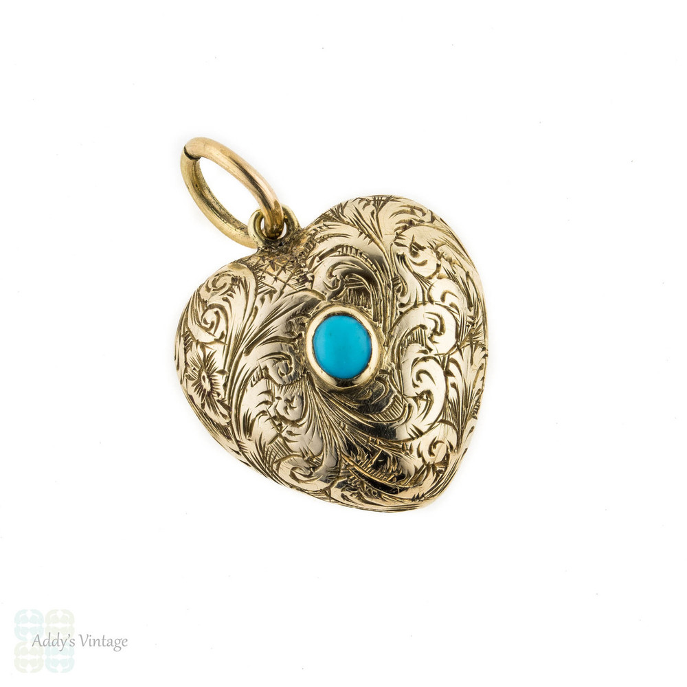 Victorian 9ct Turquoise Heart Locket. Hand Engraved Flower Puffed Heart Pendant. Circa 1800s.