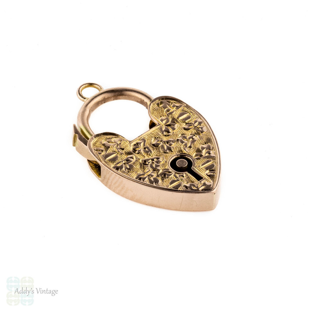 Engraved Antique Heart Padlock, 9ct Gold Heart Clasp Charm, Circa 1900.