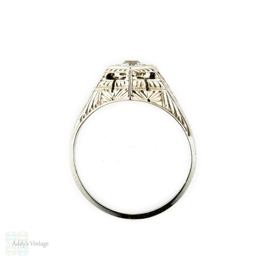 Filigree Art Deco Engagement Ring, White Sapphire in 18k White Gold. Circa 1930s.