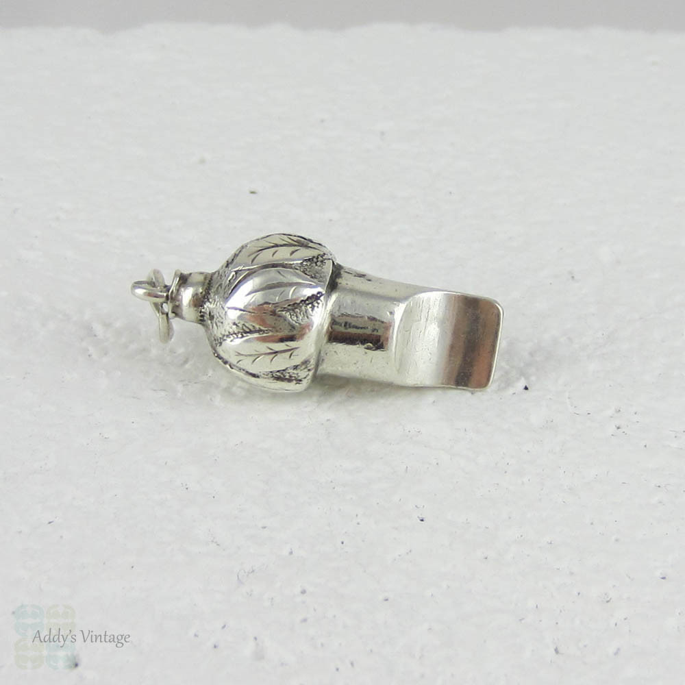 Antique Sterling Silver Whistle Charm. Decorative Leaf Engraved Top, Acorn Shape Small Silver Whistle