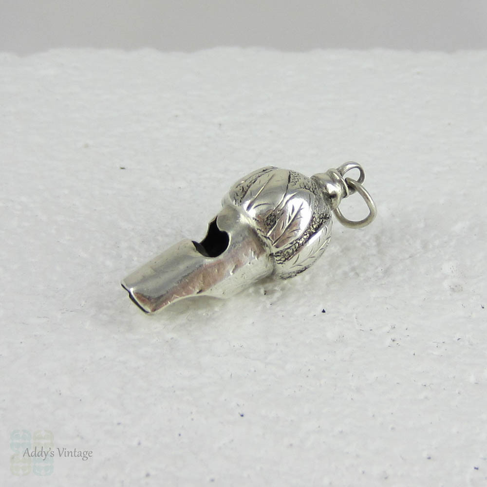 Antique Sterling Silver Whistle Charm. Decorative Leaf Engraved Top, Acorn Shape Small Silver Whistle