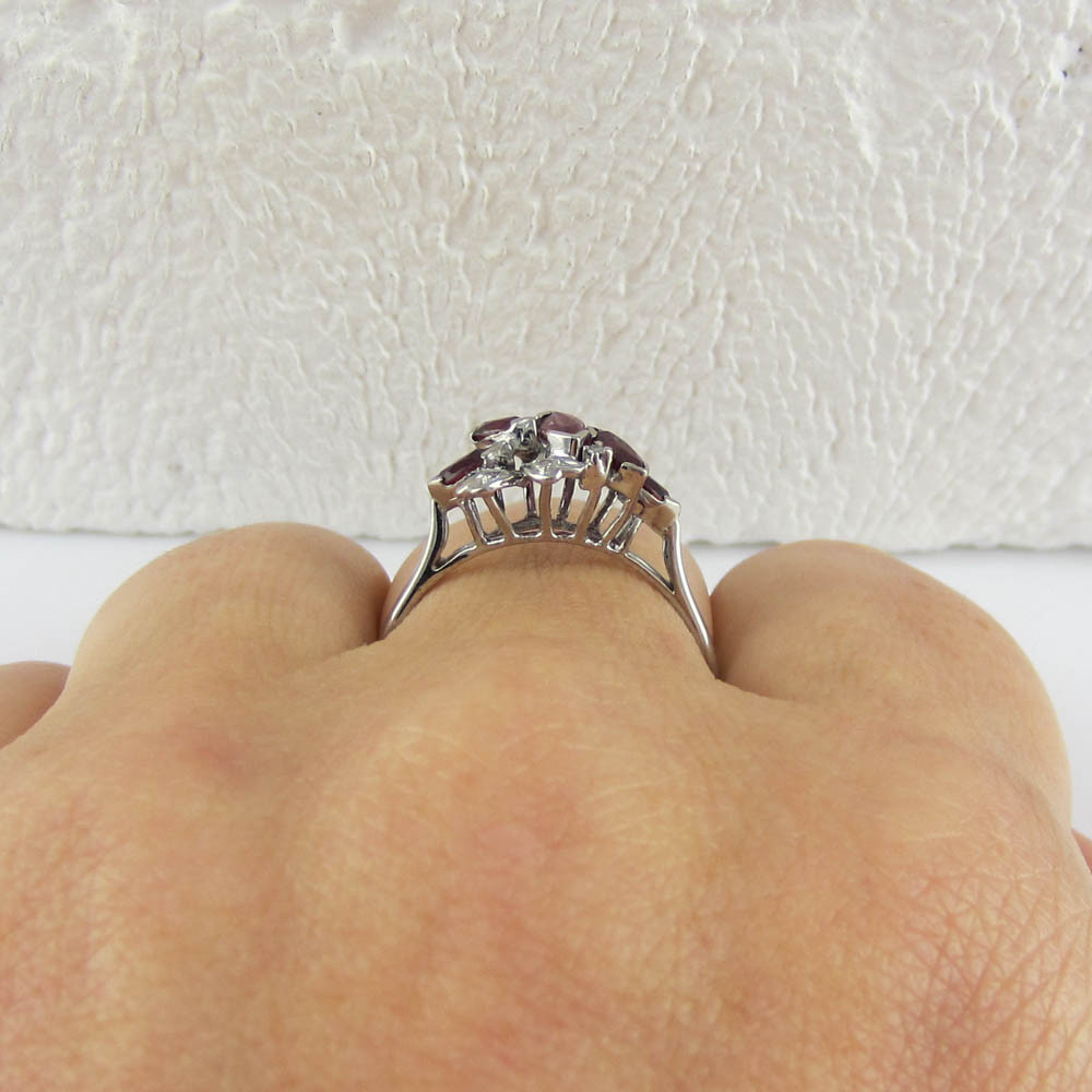 Vintage 1970s Ruby & Diamond Cocktail Ring. Marquise Cut Red Rubies and Round Diamonds in 18 Carat White Gold.