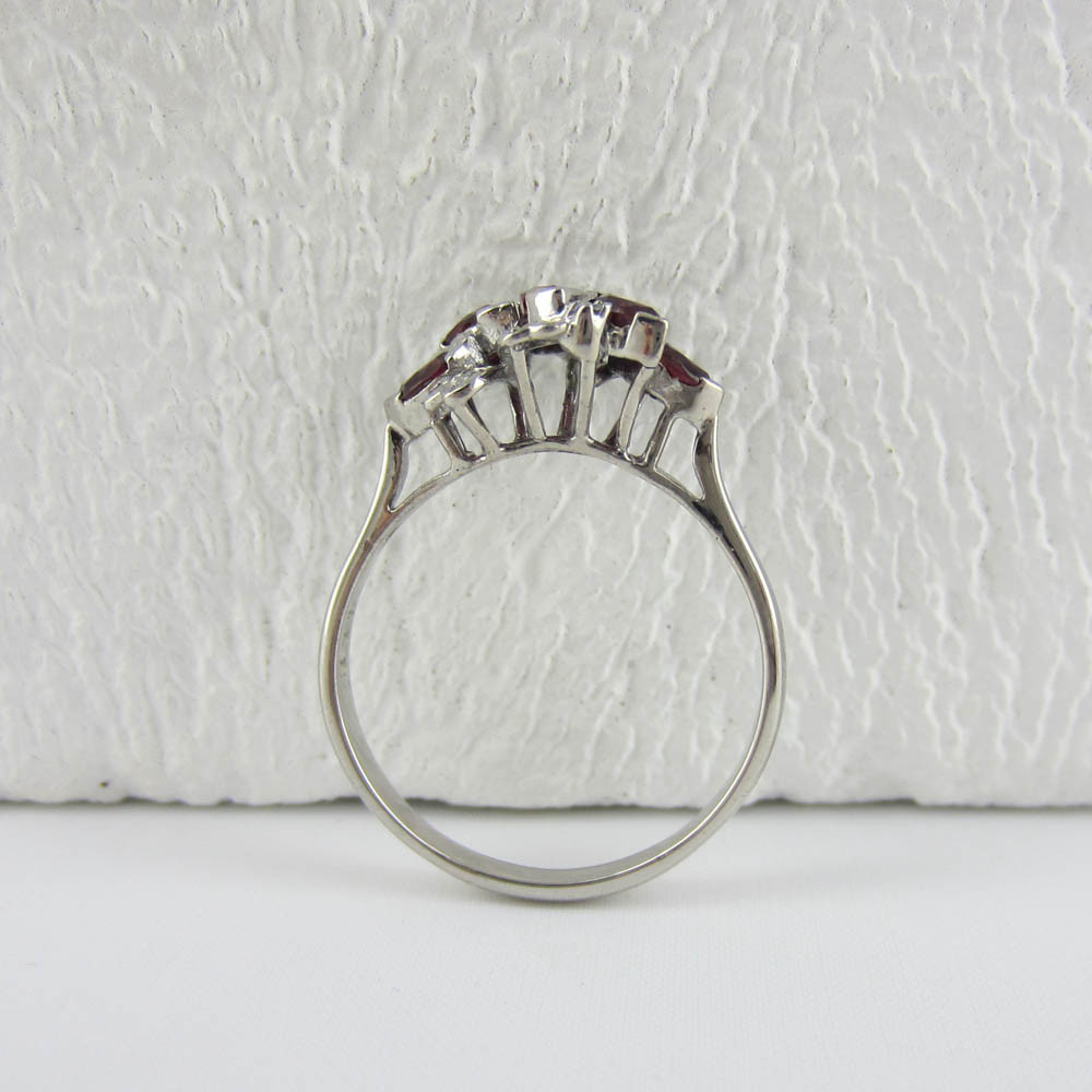 Vintage 1970s Ruby & Diamond Cocktail Ring. Marquise Cut Red Rubies and Round Diamonds in 18 Carat White Gold.