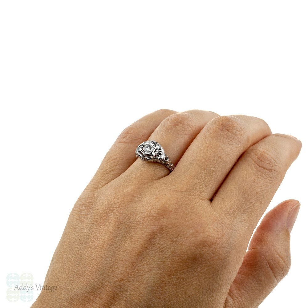 Art Deco Filigree Diamond Engagement Ring, Old European Cut Diamond, Engraved 18k White Gold.