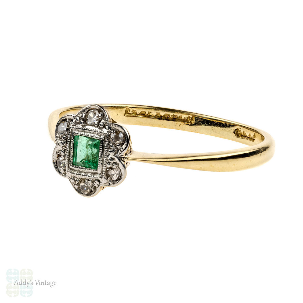 RESERVED. Emerald & Diamond Engagement Ring, 1920s Art Deco Flower Cluster. 18ct & Platinum.