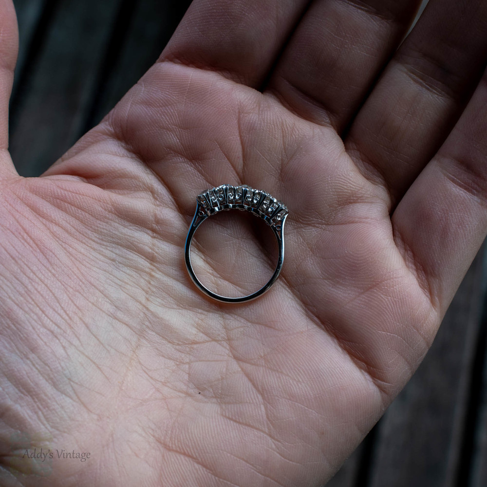 Old Mine Cut Diamond 5 Stone Enagagement Ring, Victorian 1 ctw Platinum Diamond Band.