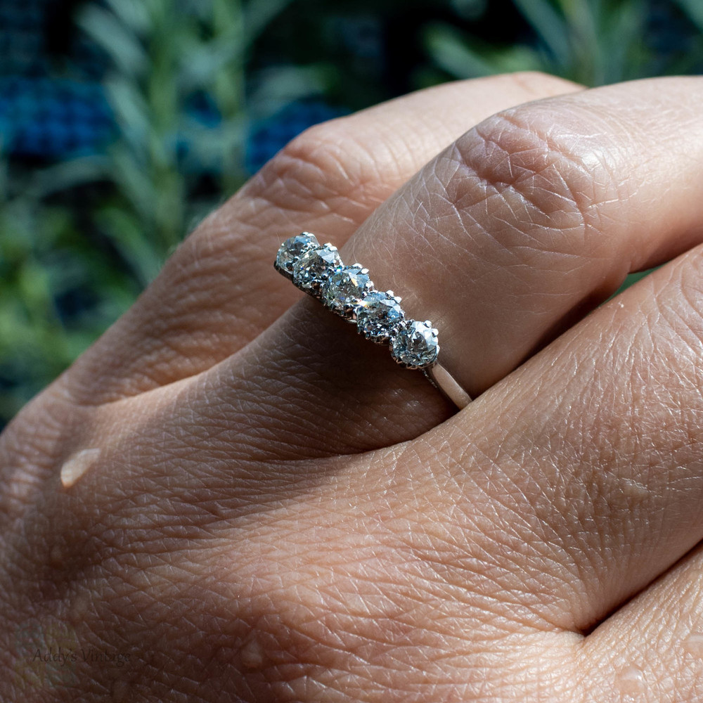 Old Mine Cut Diamond 5 Stone Enagagement Ring, Victorian 1 ctw Platinum Diamond Band.