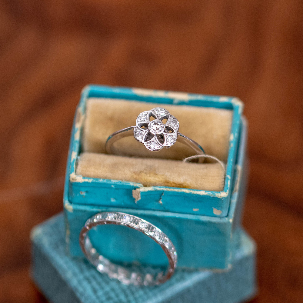 Antique Diamond Cluster Engagement Ring, 1910s Floral Shape with Star Piercing. 18ct & Platinum.