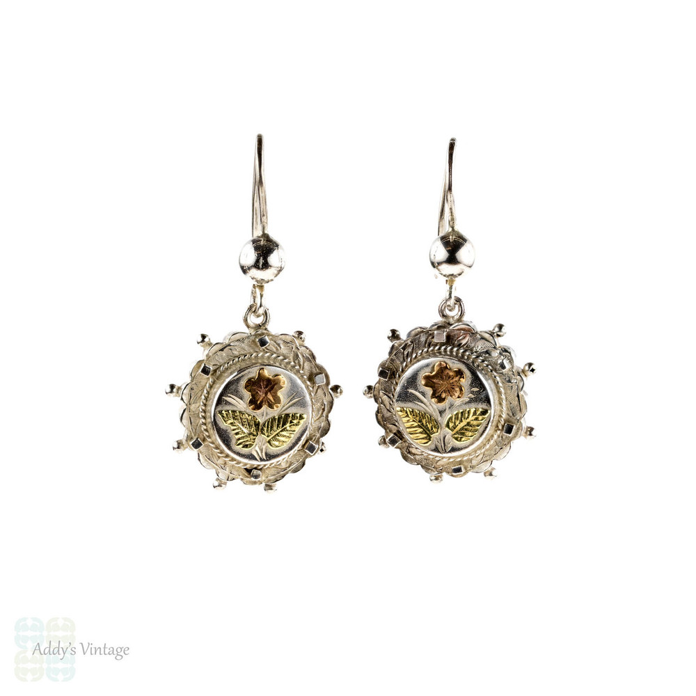 Antique Sterling Silver Earrings with 9k Rose & Yellow Gold Flowers, Victorian Drop Earrings.