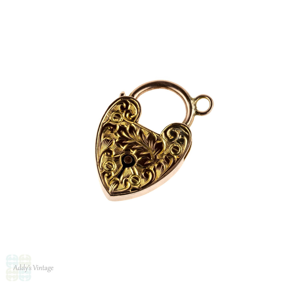 Engraved Antique Heart Padlock, 9ct Rose Gold Heart Clasp Charm, Circa 1900.
