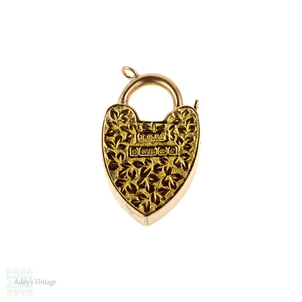 Engraved 9k Antique Heart Padlock Pendant, Large 9ct Rose Gold