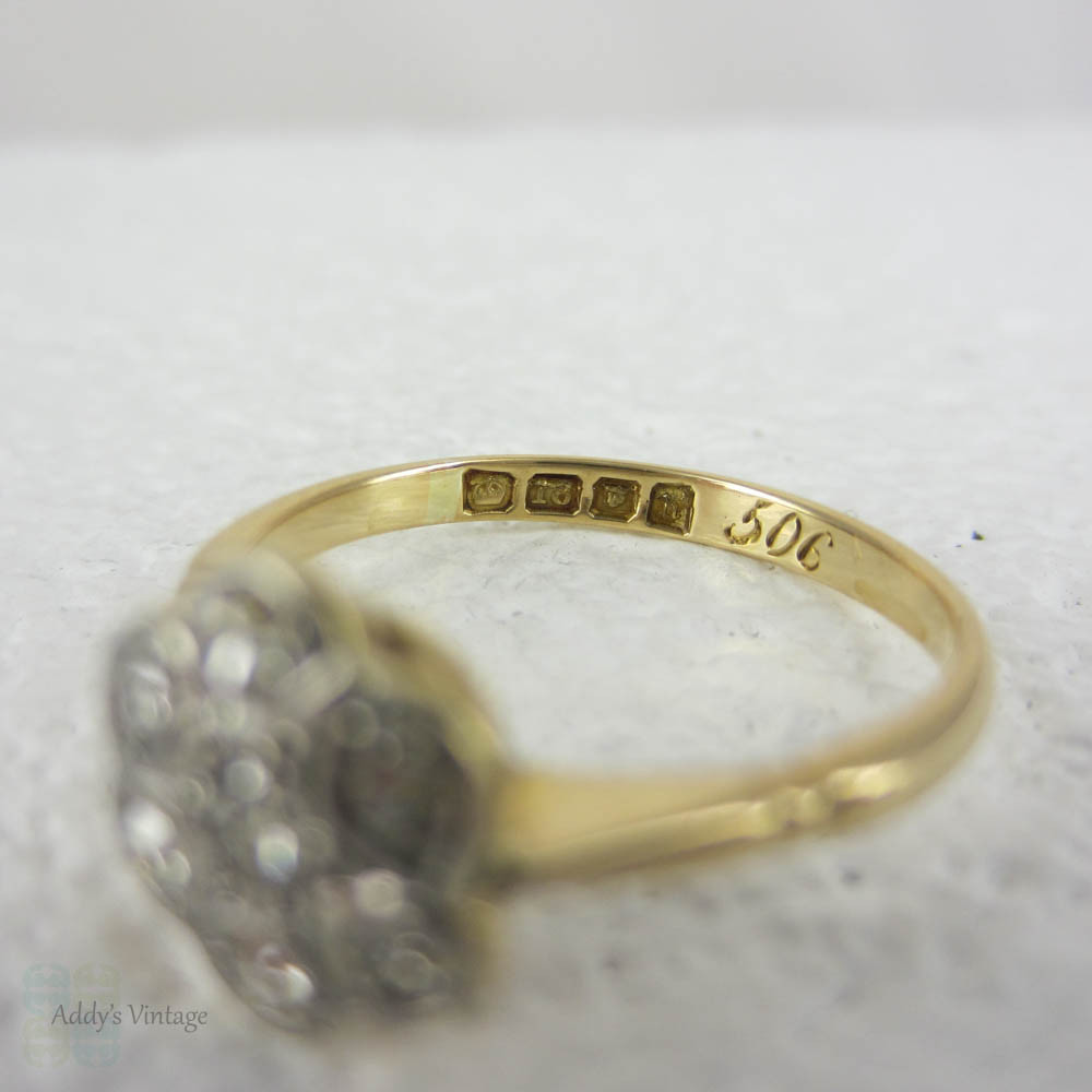 Art Deco Diamond Daisy Engagement Ring. Diamond Cluster Ring in Yellow Gold, Circa 1920s.