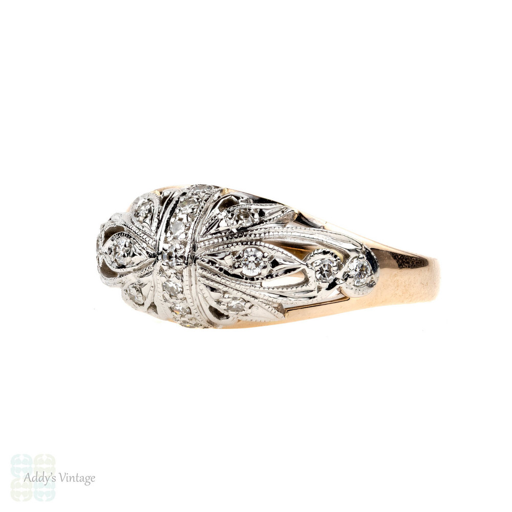 Russian Vintage Diamond Ring, Domed 14k Two-Tone Floral Design Ring.