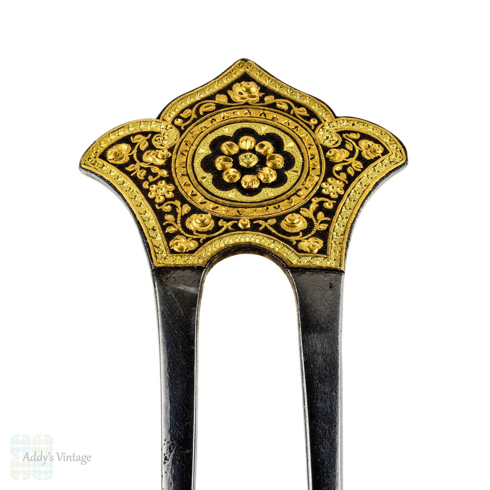 Antique Floral Hair Comb, Gilt Rose Design Steel Hair Pin. Circa 1880s.