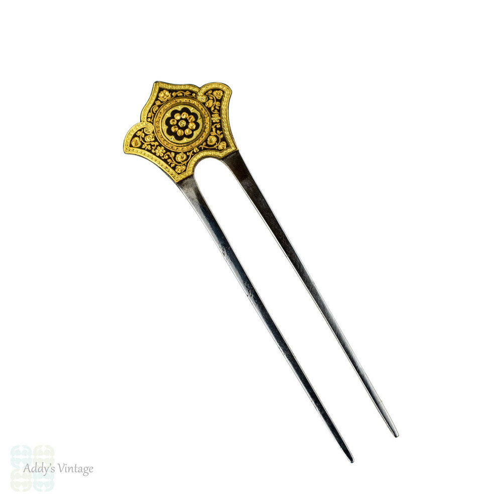 Antique Floral Hair Comb, Gilt Rose Design Steel Hair Pin. Circa 1880s.