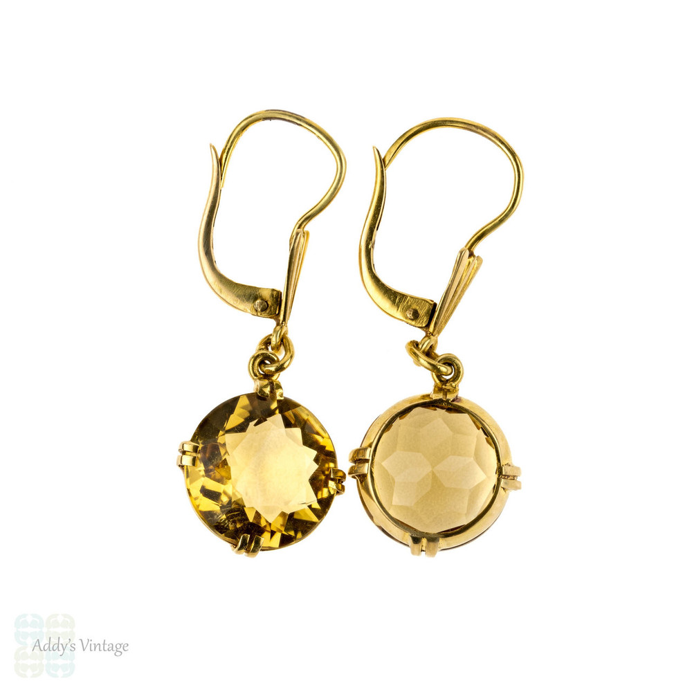 Vintage Citrine Drop Earrings, Mid Century 18ct 18k Yellow Gold Dangle Earrings.