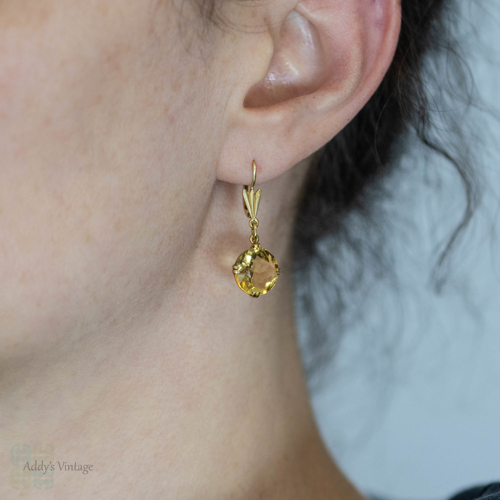 Vintage Citrine Drop Earrings, Mid Century 18ct 18k Yellow Gold Dangle Earrings.