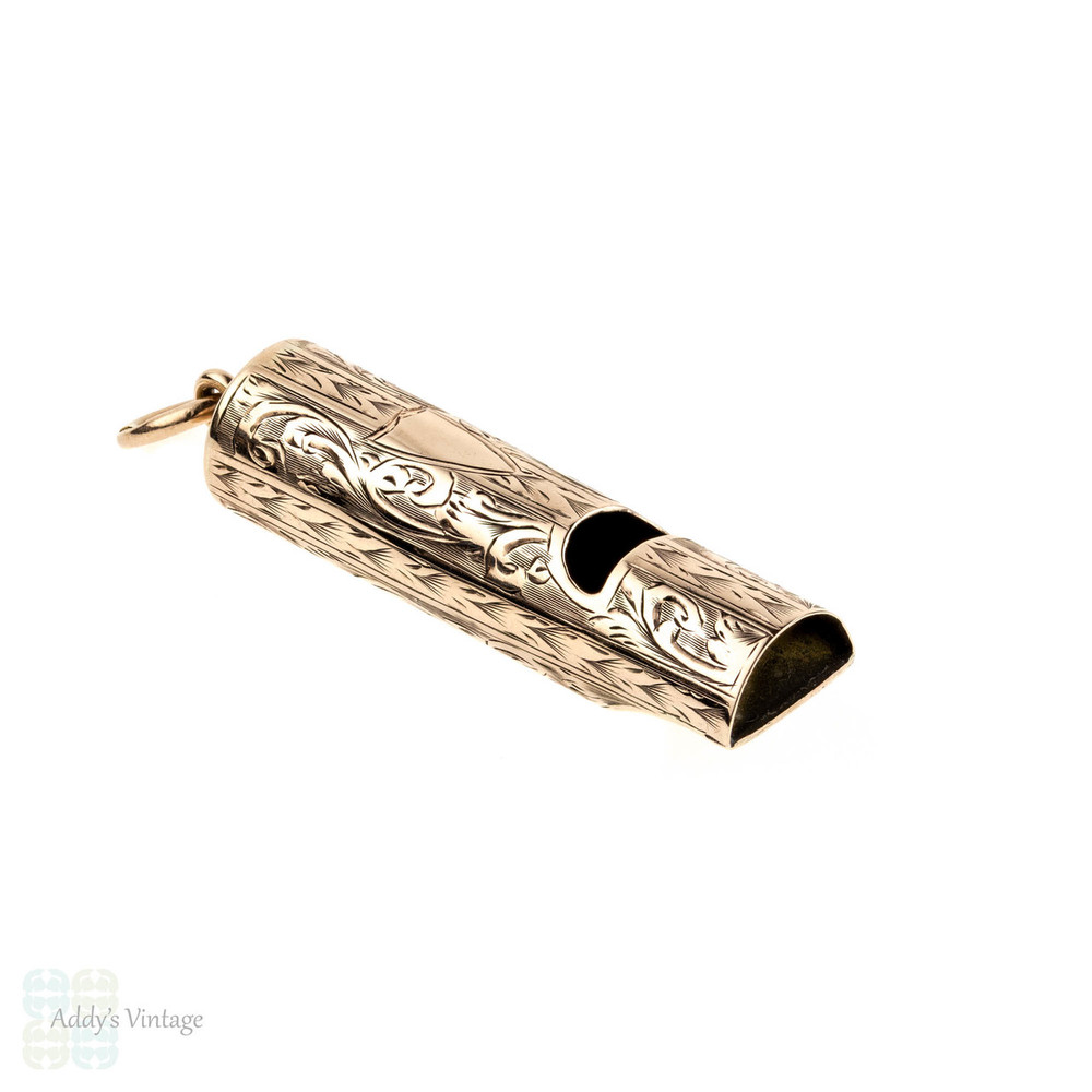 Edwardian 9ct Working Whistle Pendant, Antique 9k Rose Gold Engraved Large Whistle Charm, 1900s.