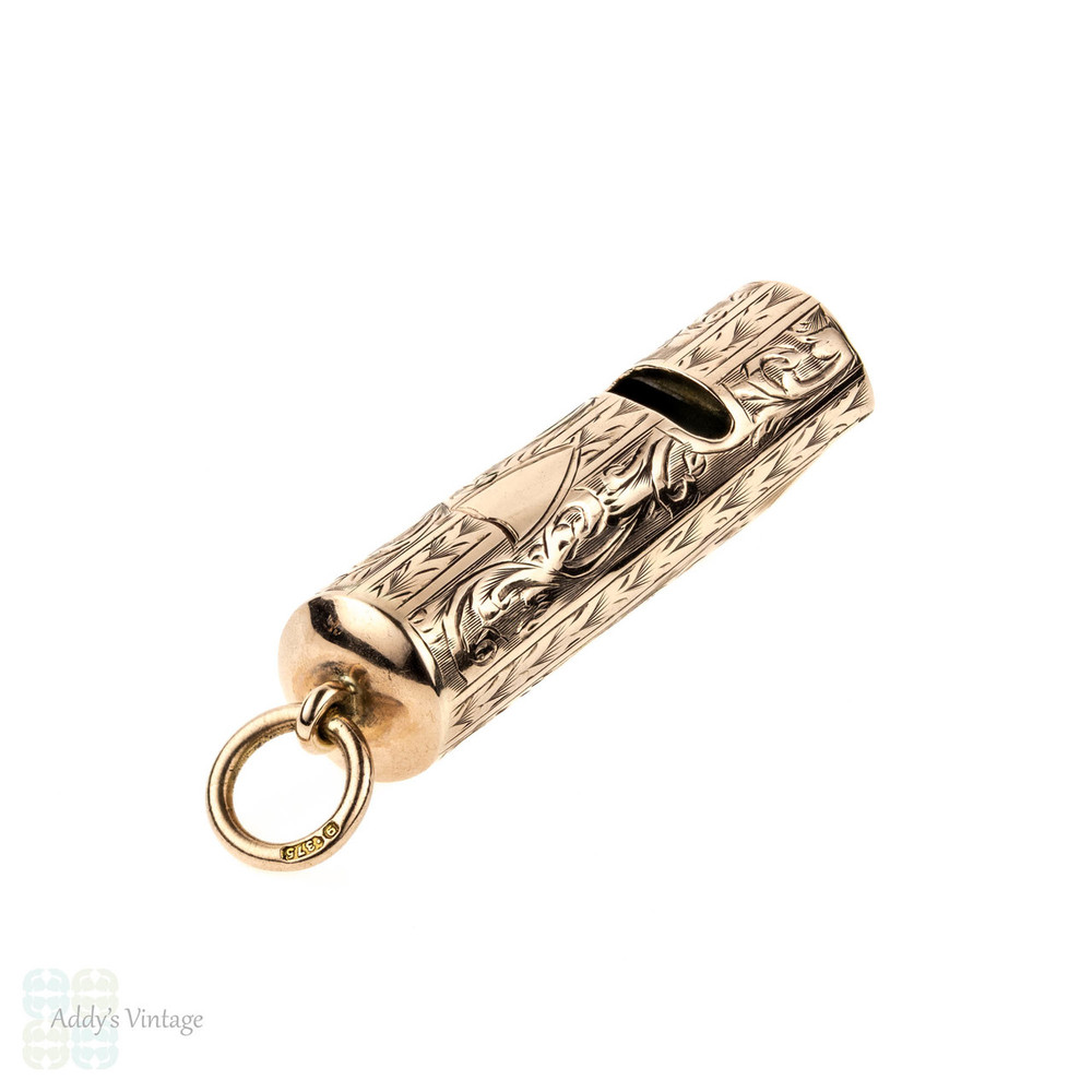 Edwardian 9ct Working Whistle Pendant, Antique 9k Rose Gold Engraved Large Whistle Charm, 1900s.