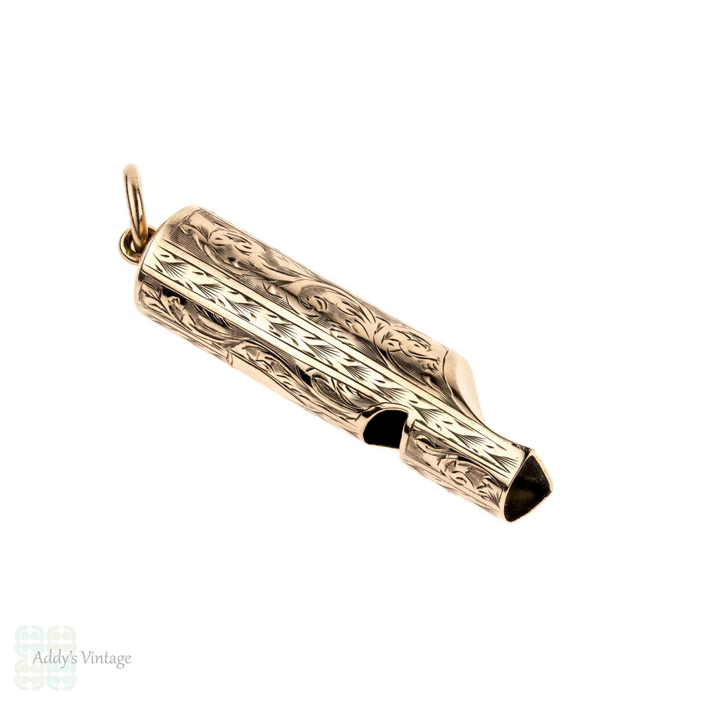 Edwardian 9ct Working Whistle Pendant, Antique 9k Rose Gold Engraved Large Whistle Charm, 1900s.