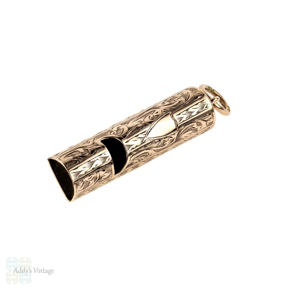 Edwardian 9ct Working Whistle Pendant, Antique 9k Rose Gold Engraved Large Whistle Charm, 1900s.