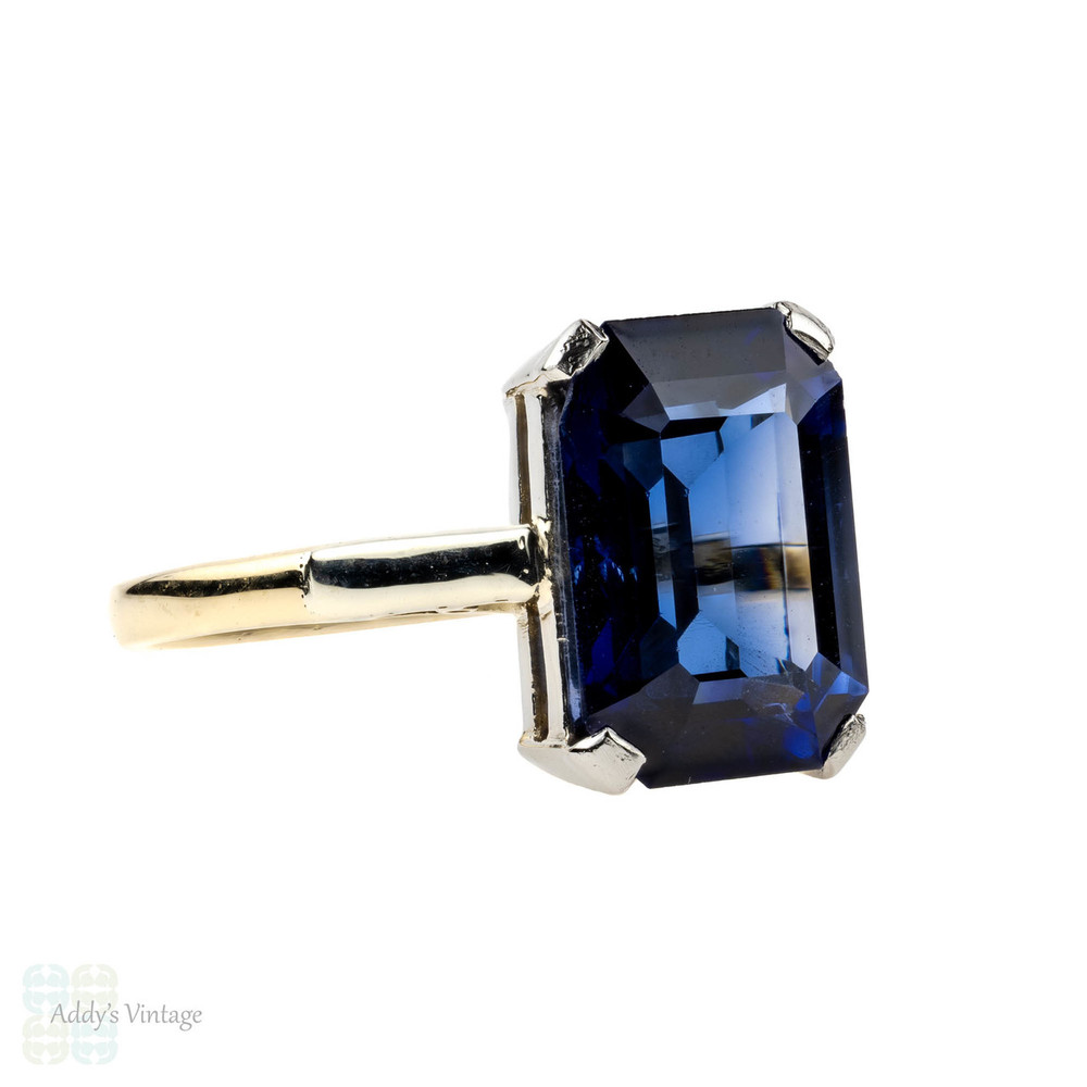 Vintage Synthetic Sapphire Solitaire Ring, Large 1940s Emerald Cut 9ct Gold Ring.
