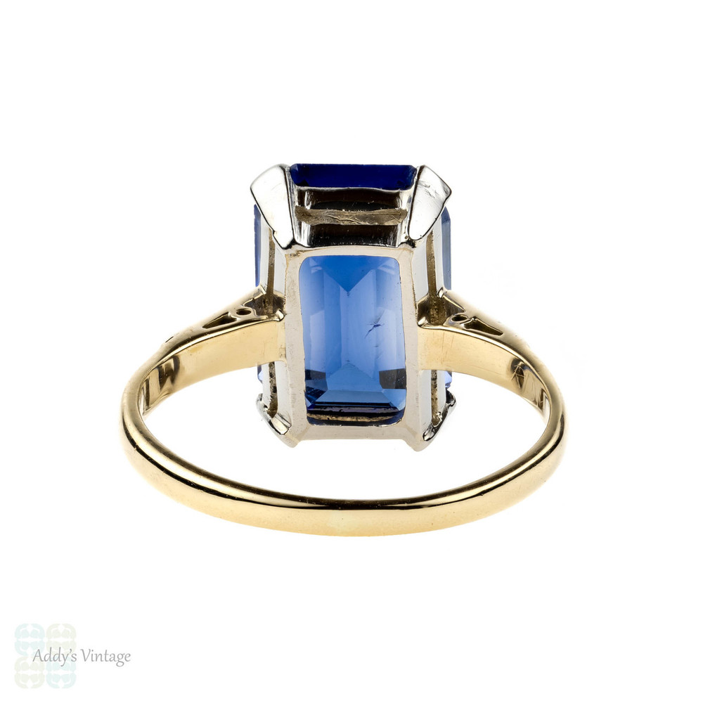 Vintage Synthetic Sapphire Solitaire Ring, Large 1940s Emerald Cut 9ct Gold Ring.