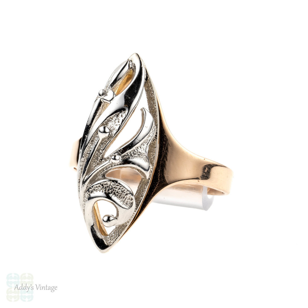 RESERVED. Vintage Russian Flower Navette Ring, Floral Marquise Shape 14k Two-Tone Ring.