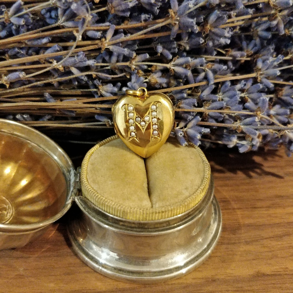 Antique Initial M Locket, Victorian 15ct 15k Gold Back & Front Split Pearl Pendant.