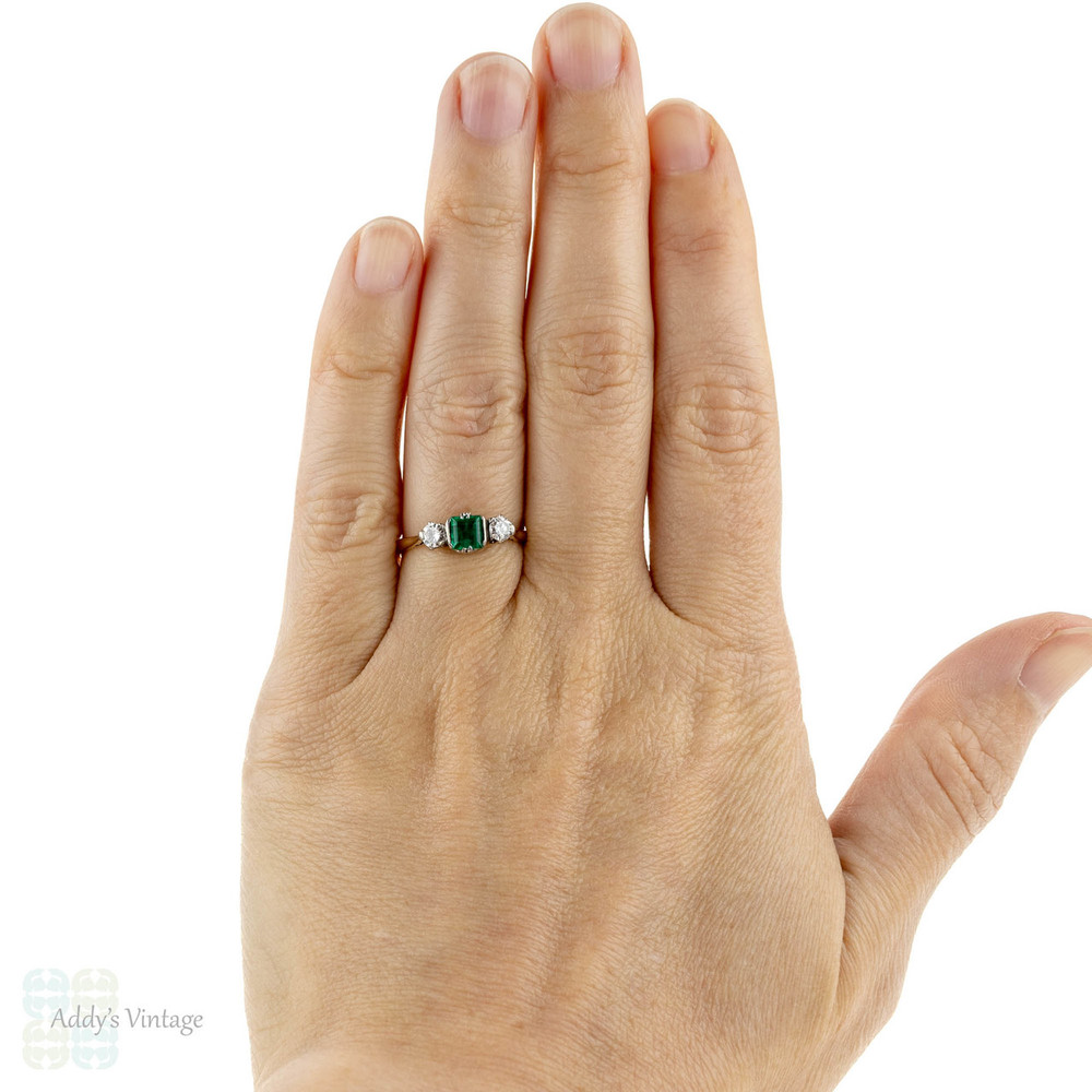 RESERVED. Emerald & Diamond Engagement Ring, Vintage 1940s Three Stone 18ct Ring. 18k Yellow Gold.