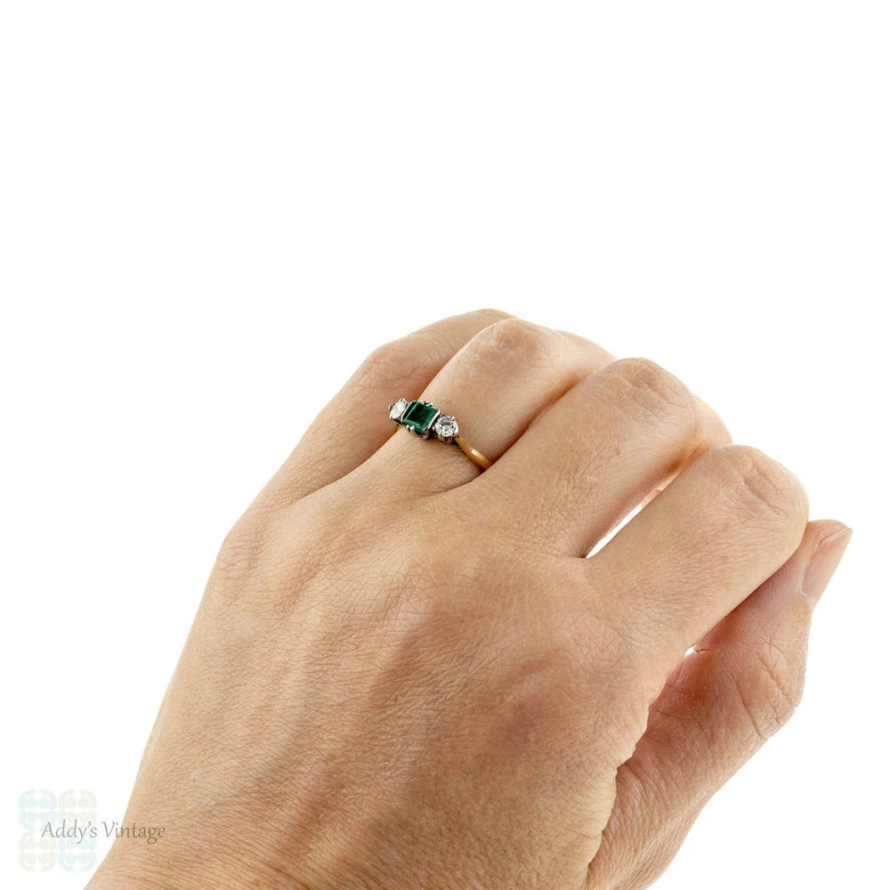 RESERVED. Emerald & Diamond Engagement Ring, Vintage 1940s Three Stone 18ct Ring. 18k Yellow Gold.