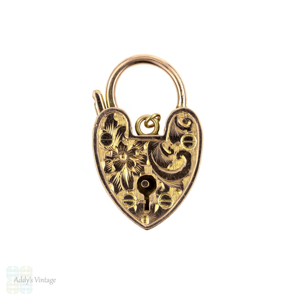 Engraved 9k Antique Heart Padlock Pendant, 9ct Rose Gold Clasp Charm, Circa 1910s.