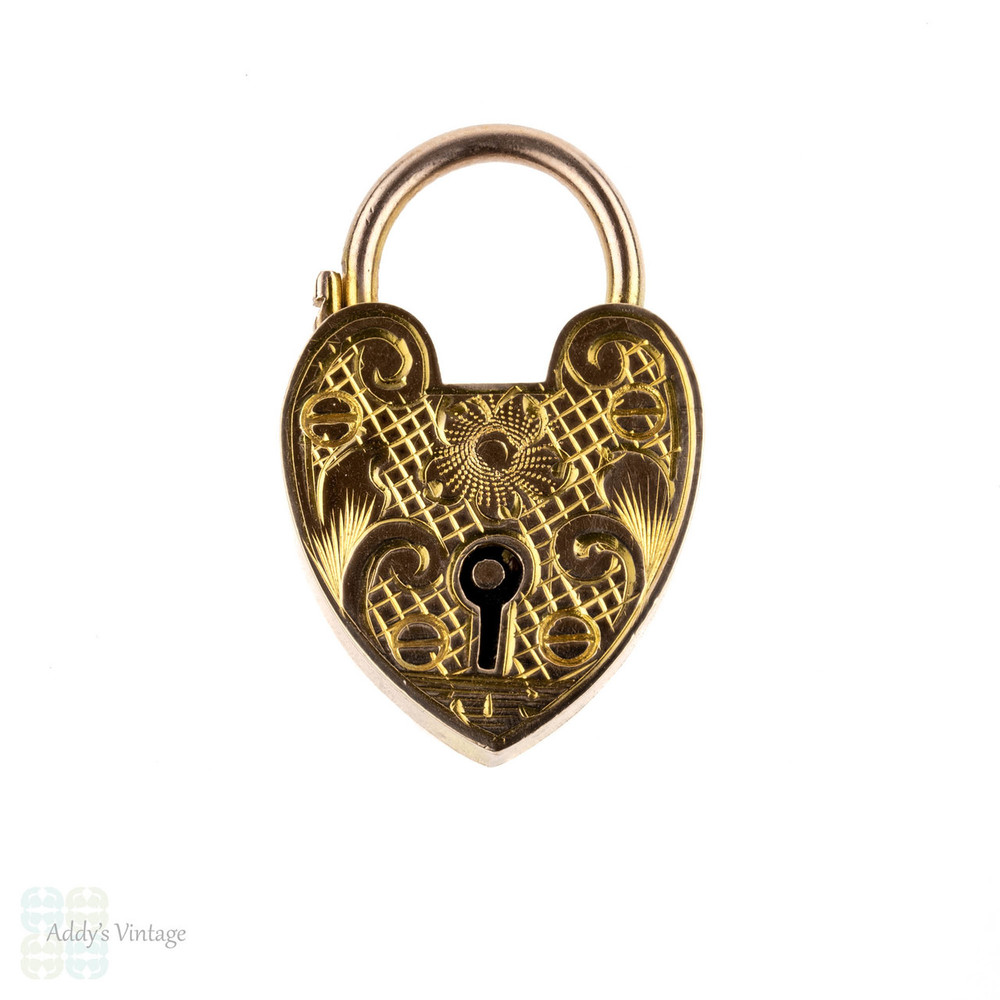 Engraved 9ct Antique Heart Padlock Pendant, Large 9k Rose Gold