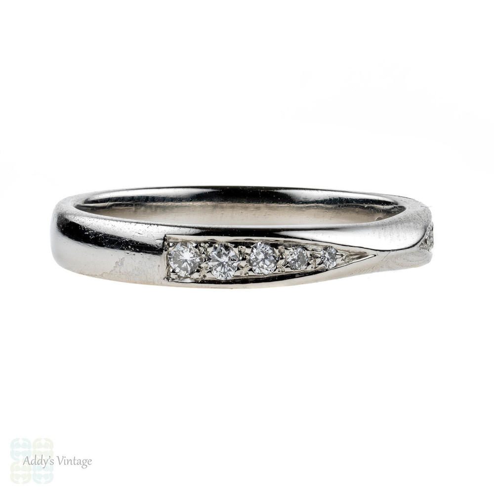 Shaped Platinum Diamond Wedding Ring, Curved Pinched Design Half Eternity Band. Size K / 5.25.
