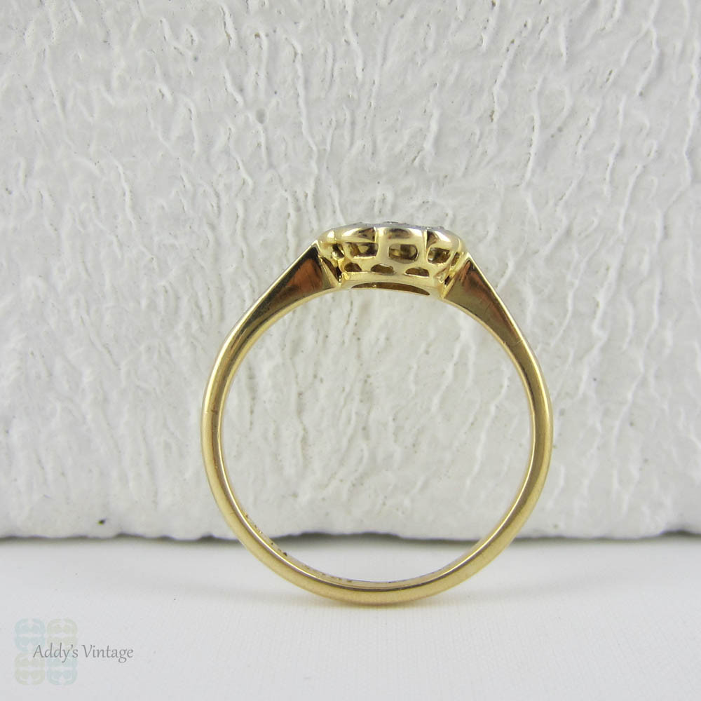 1920s Small Diamond Cluster Daisy Ring, 18 Carat Yellow Gold. Rose Cut Diamonds in Engraved Star Design.