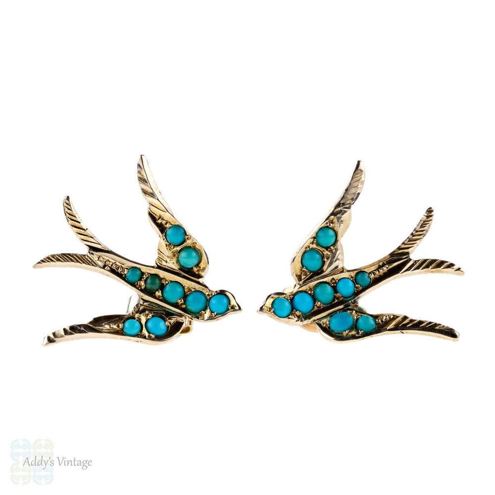 Antique 9ct Turquoise Swallow Earrings, Victorian Bird Stud