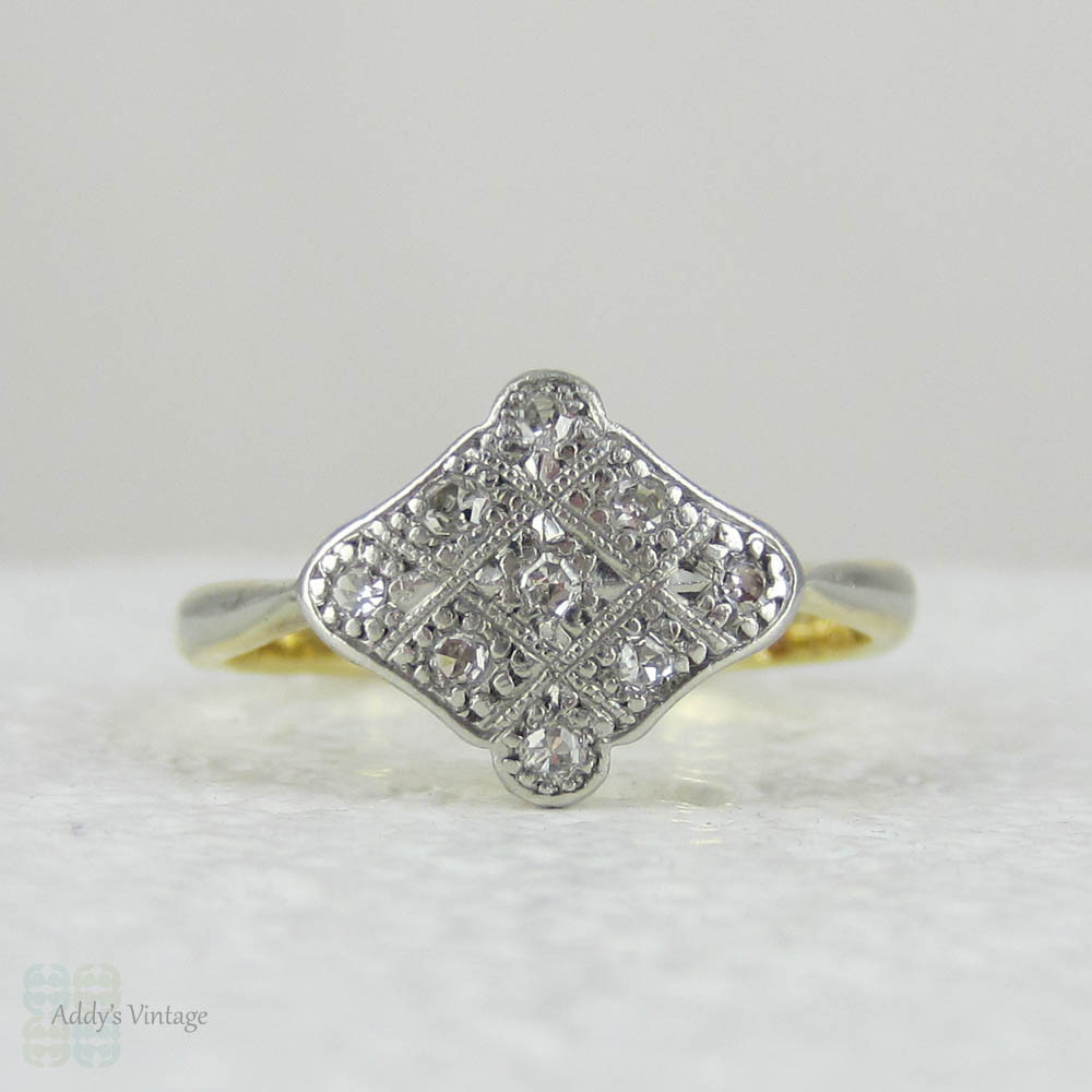 Art Deco Diamond Panel Ring. Small Geometric Shaped Diamond Cluster Ring, Circa 1910s - 1920s.