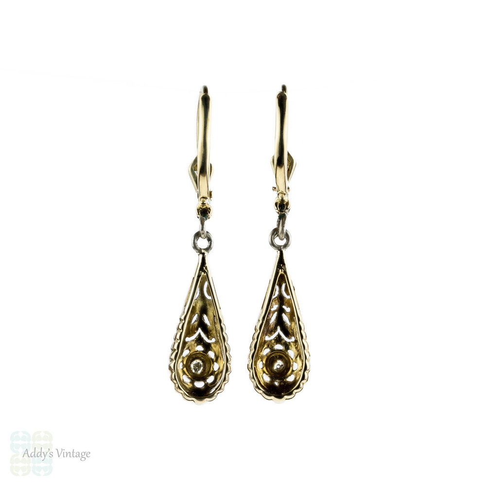 Edwardian Diamond Drop Earrings, 1900s Antique Tapered Teardrop Dangles. 18ct & Platinum.