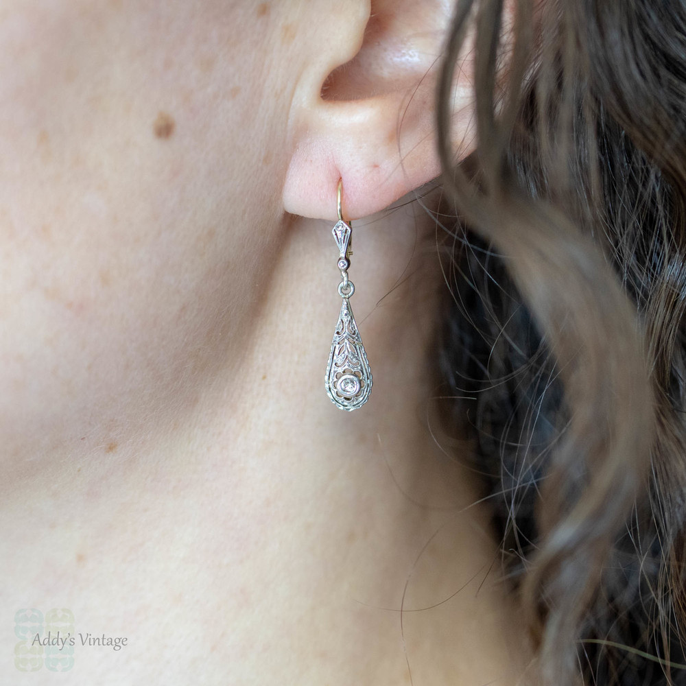Edwardian Diamond Drop Earrings, 1900s Antique Tapered Teardrop Dangles. 18ct & Platinum.